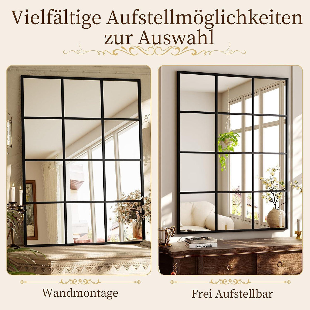 Rechteckiger Wandspiegel mit Gitter, 90x60cm, Schwarz