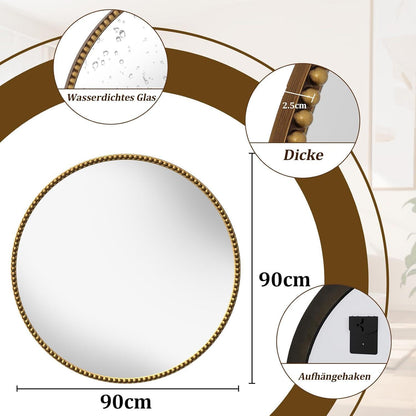 Runder Wandspiegel 90cm mit Gold Perlenrahmen – Retro Deko Spiegel