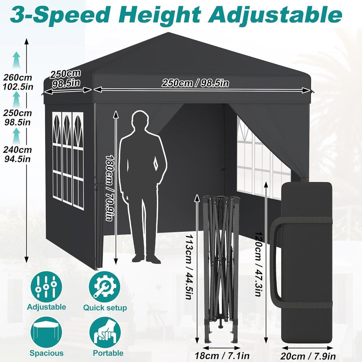 Faltpavillon 2.5x2.5 Wasserdicht & Stabil mit Seitenwänden