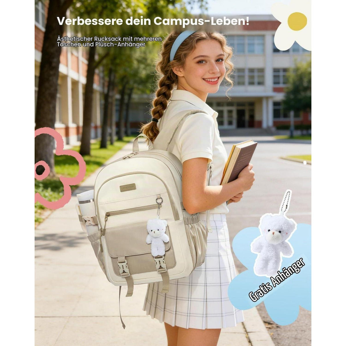 Schulrucksack Mädchen 30L, Wasserdicht & DIY-Style