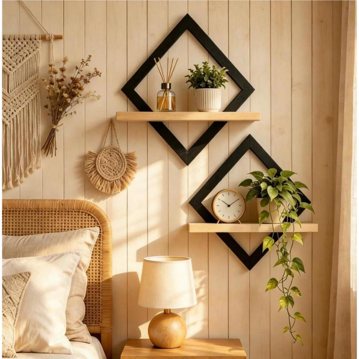 Wandregal im Rauten-Design aus Holz, Boho Stil
