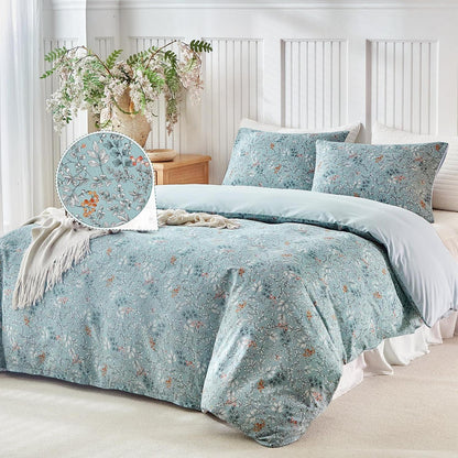 Baumwoll Bettbezug Set 240x220 cm, Blumenmuster Hellblau