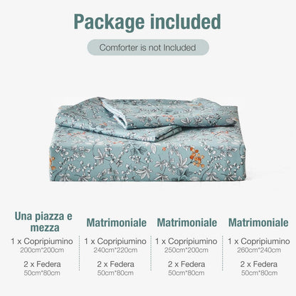 Baumwoll Bettbezug Set 240x220 cm, Blumenmuster Hellblau