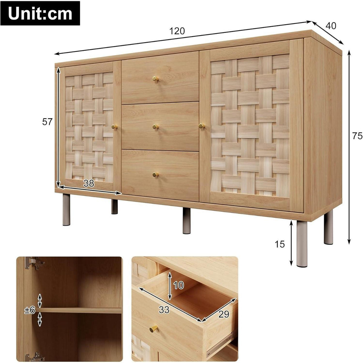 Sideboard Eiche mit 2 Türen & 3 Schubladen – Flexibel & Stabil