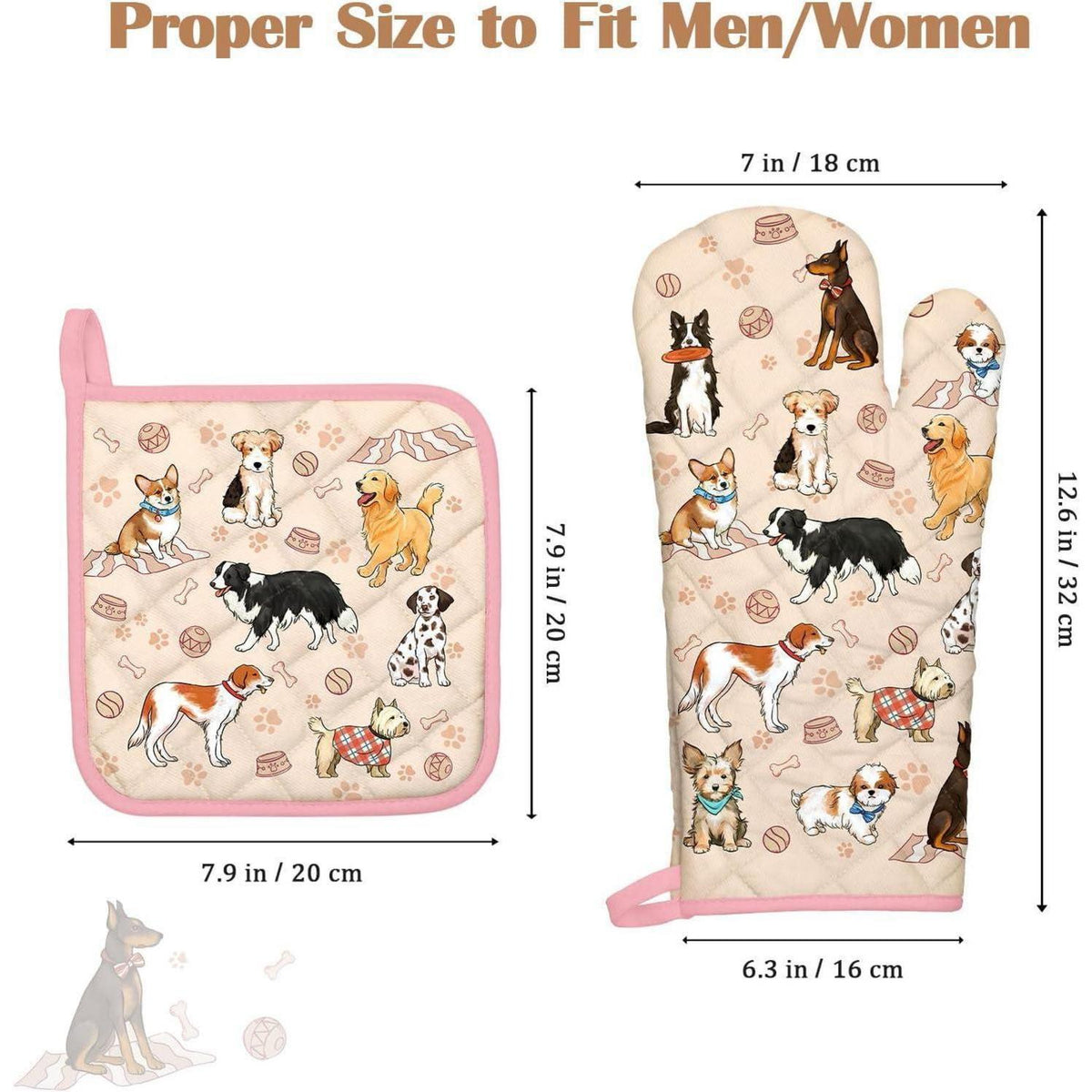 Hund Ofenhandschuh & Topflappen Set aus Baumwolle
