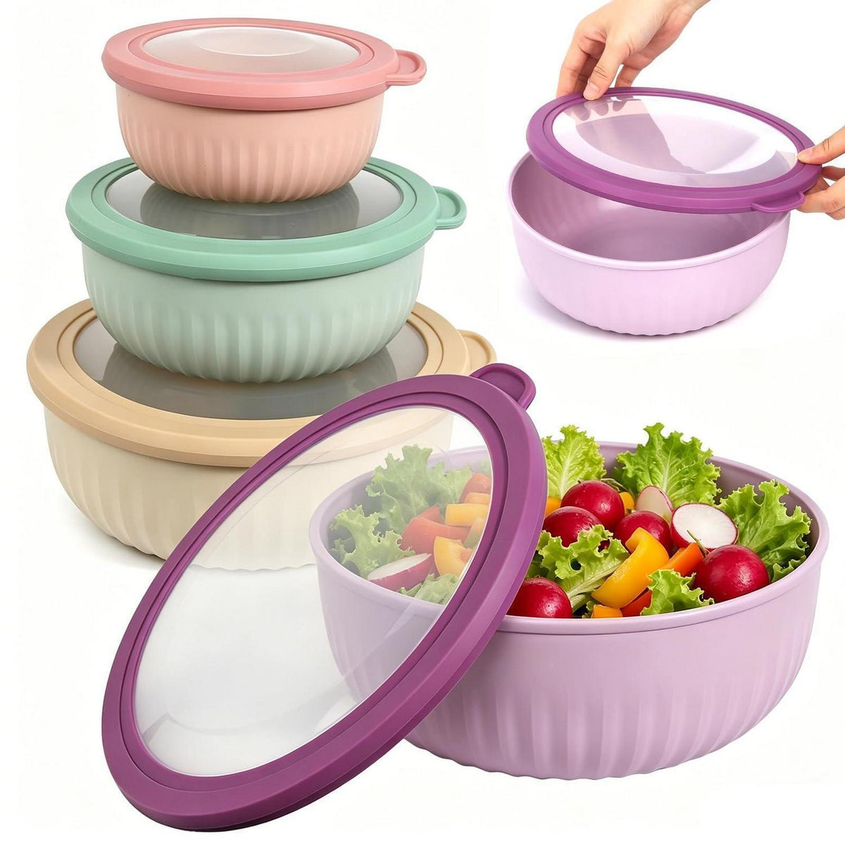 Salatschüssel Set mit Deckel, 4er BPA-frei, stapelbar