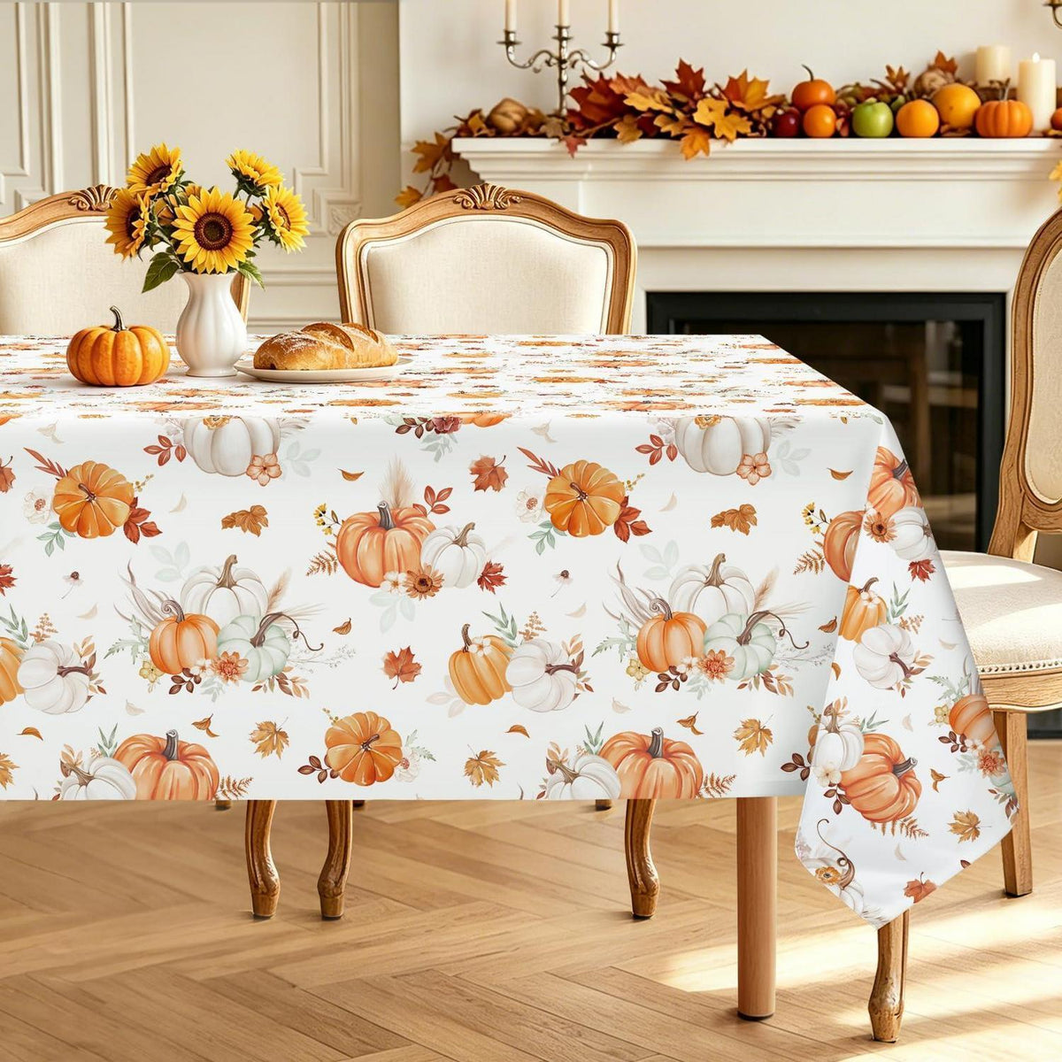 Herbst Tischdecke Kürbis Orange Weiß Ahornblätter 140x240 cm