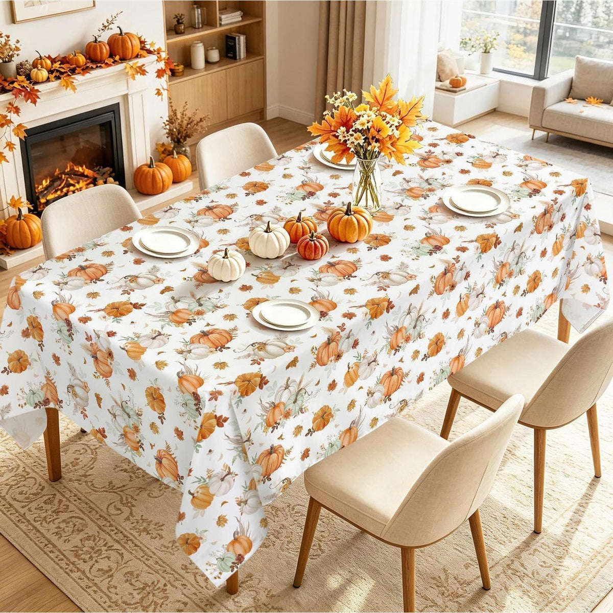 Herbst Tischdecke Kürbis Orange Weiß Ahornblätter 140x240 cm