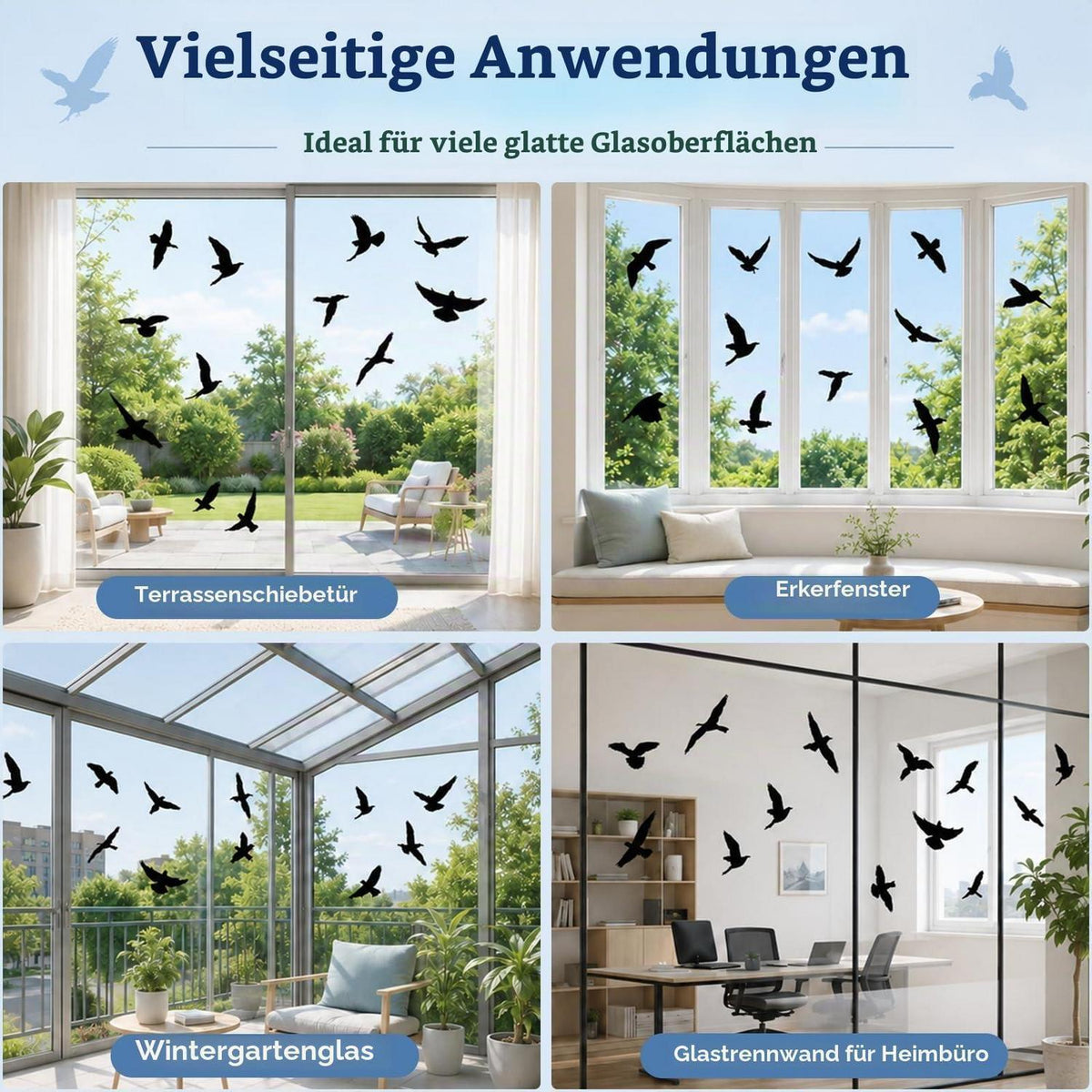 Vogelaufkleber Fenster – 37 Stück Anti-Kollisionsfolie Schwarz