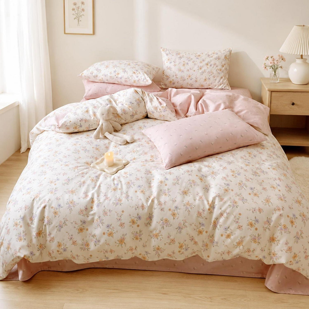 Blumen Bettwäsche-Set Rosa Creme 155x220cm | Mikrofaser