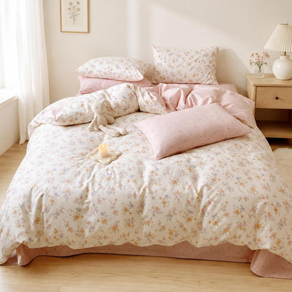 Blumen Bettwäsche-Set Rosa Creme 155x220cm | Mikrofaser