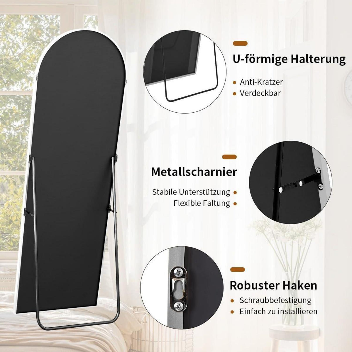 Ganzkörperspiegel Bogenförmig 171x76cm – Stand- & Wandspiegel Weiß