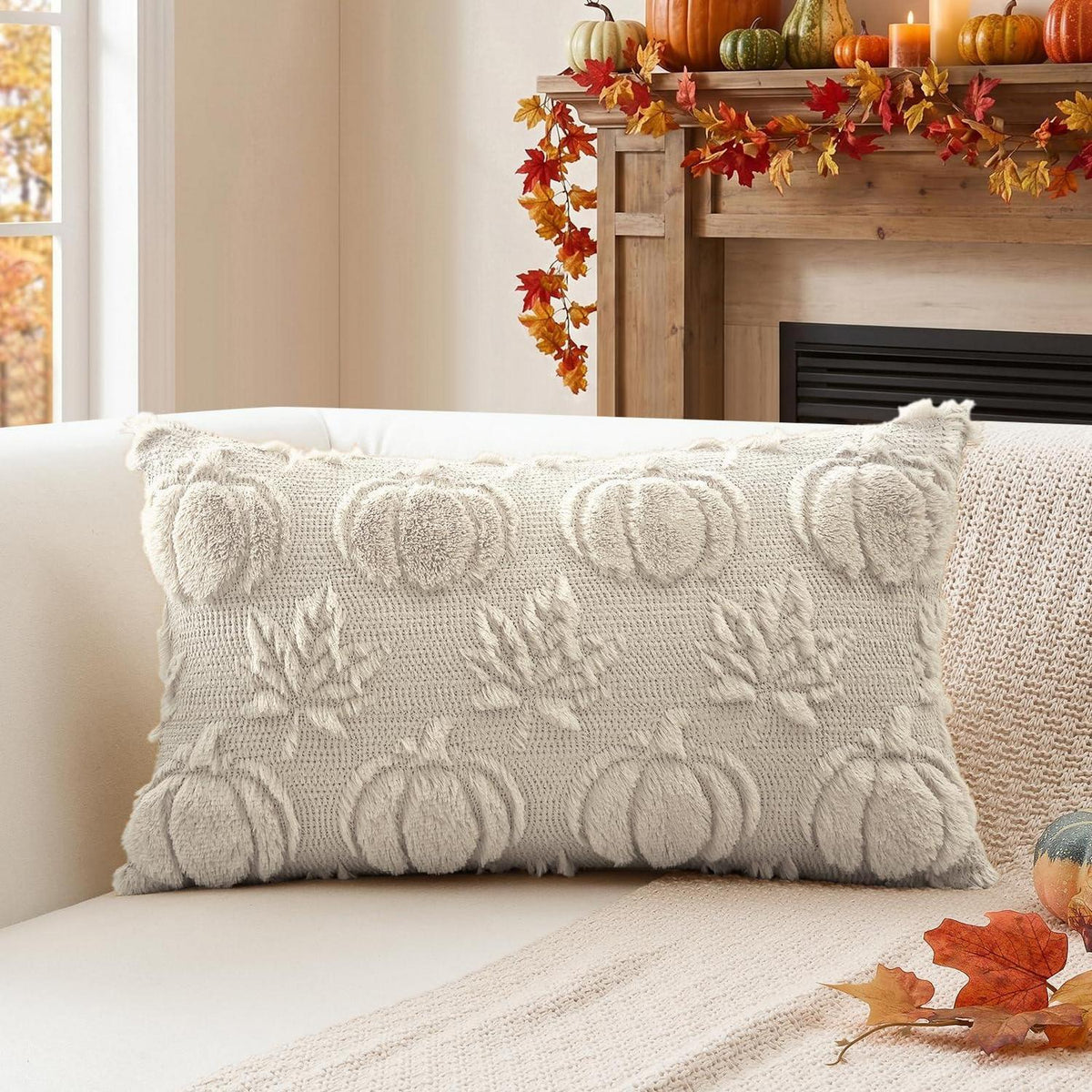 Herbstlicher Kürbis Ahornblatt Kissenbezug 40x60 cm Beige