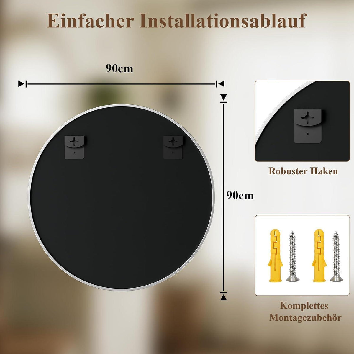 Runder Wandspiegel 90cm mit Silber Aluminiumrahmen