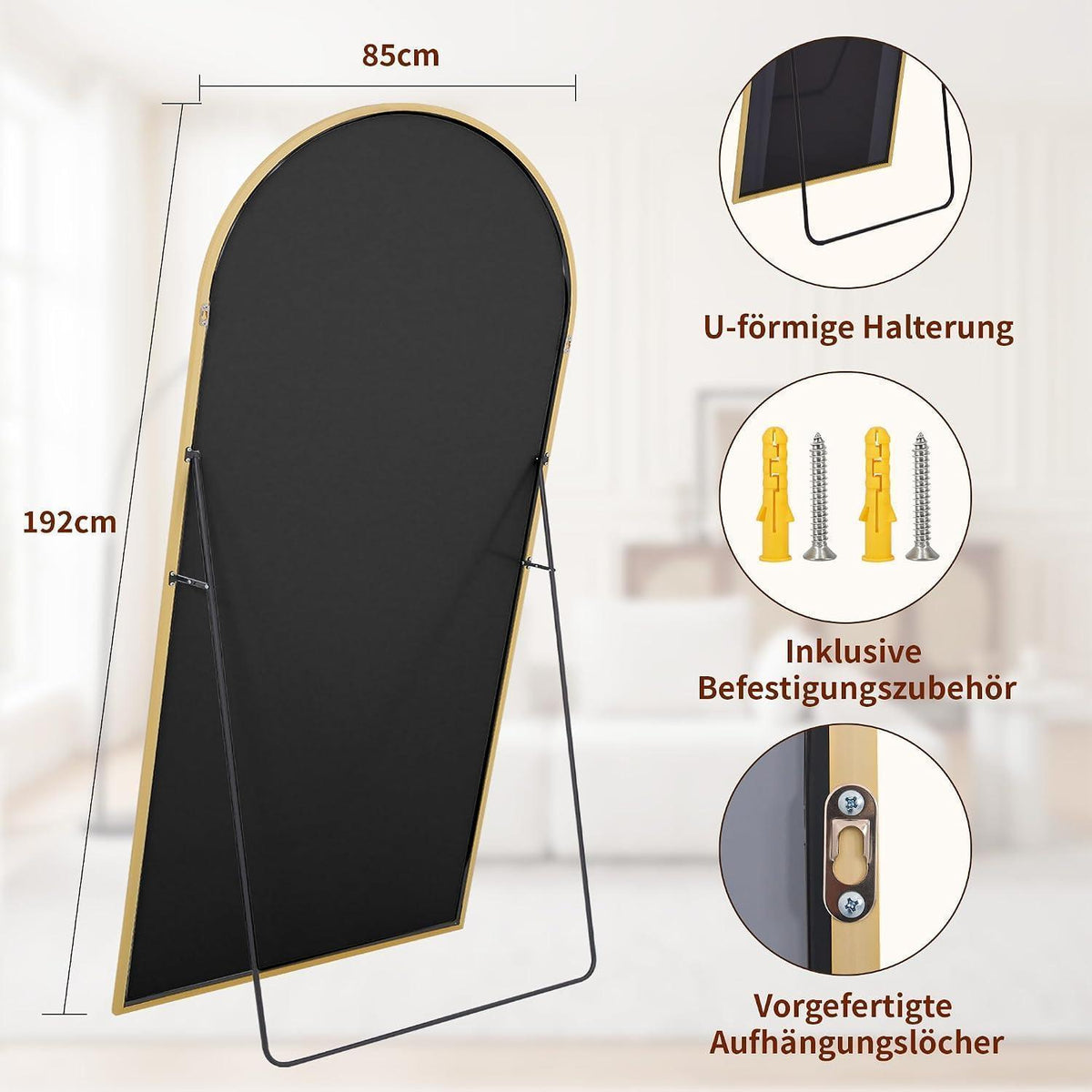 Großer Ganzkörperspiegel 192x85 cm mit Ständer – HD Spiegel Gold