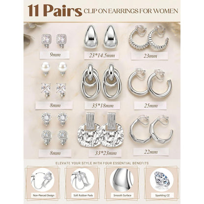 11 Paar Ohrclips Damen Ohne Ohrlöcher – Zirkonia & 14K Gold Optik
