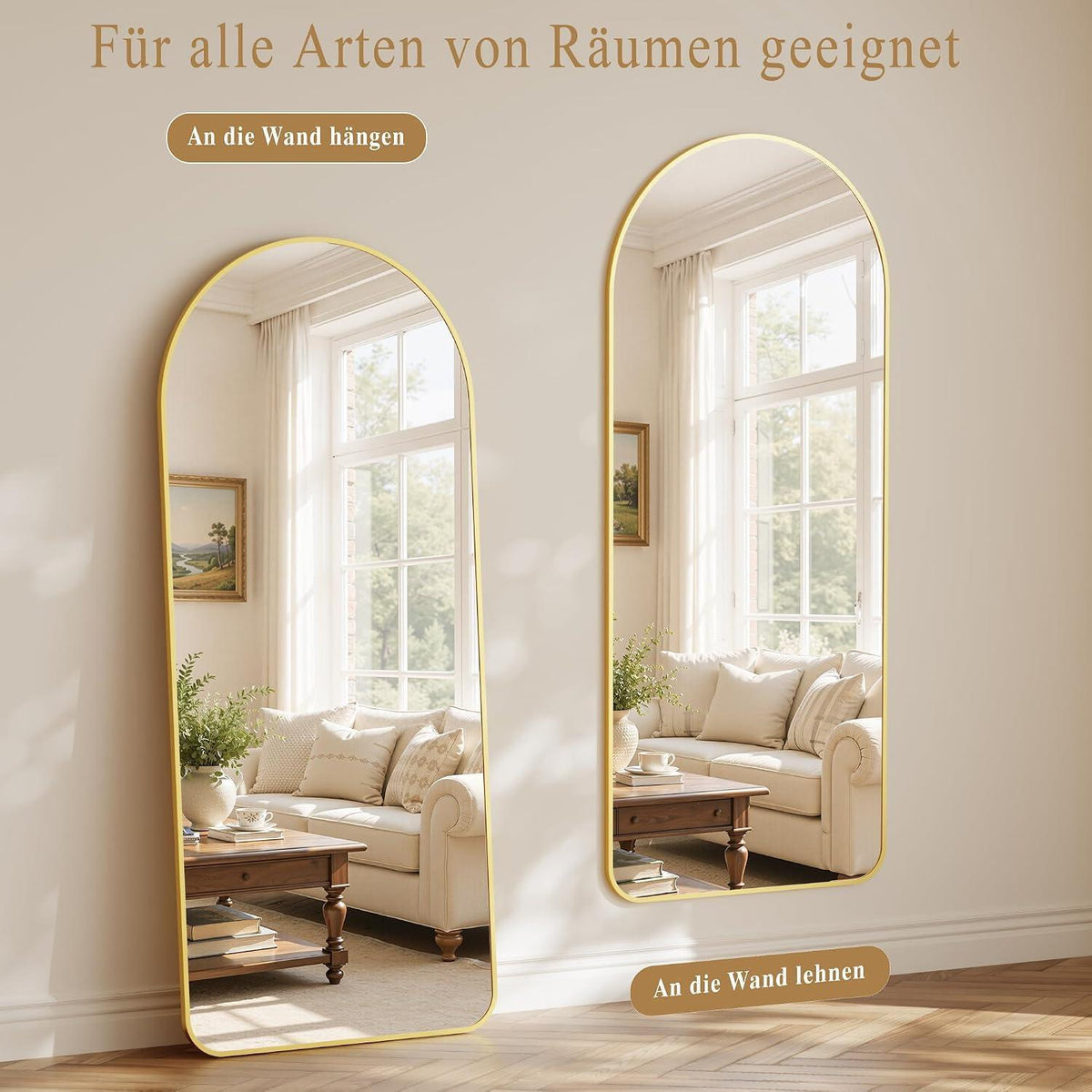 Gewölbter Ganzkörperspiegel mit Aluminiumrahmen – Stehend, Hängend, Lehnend