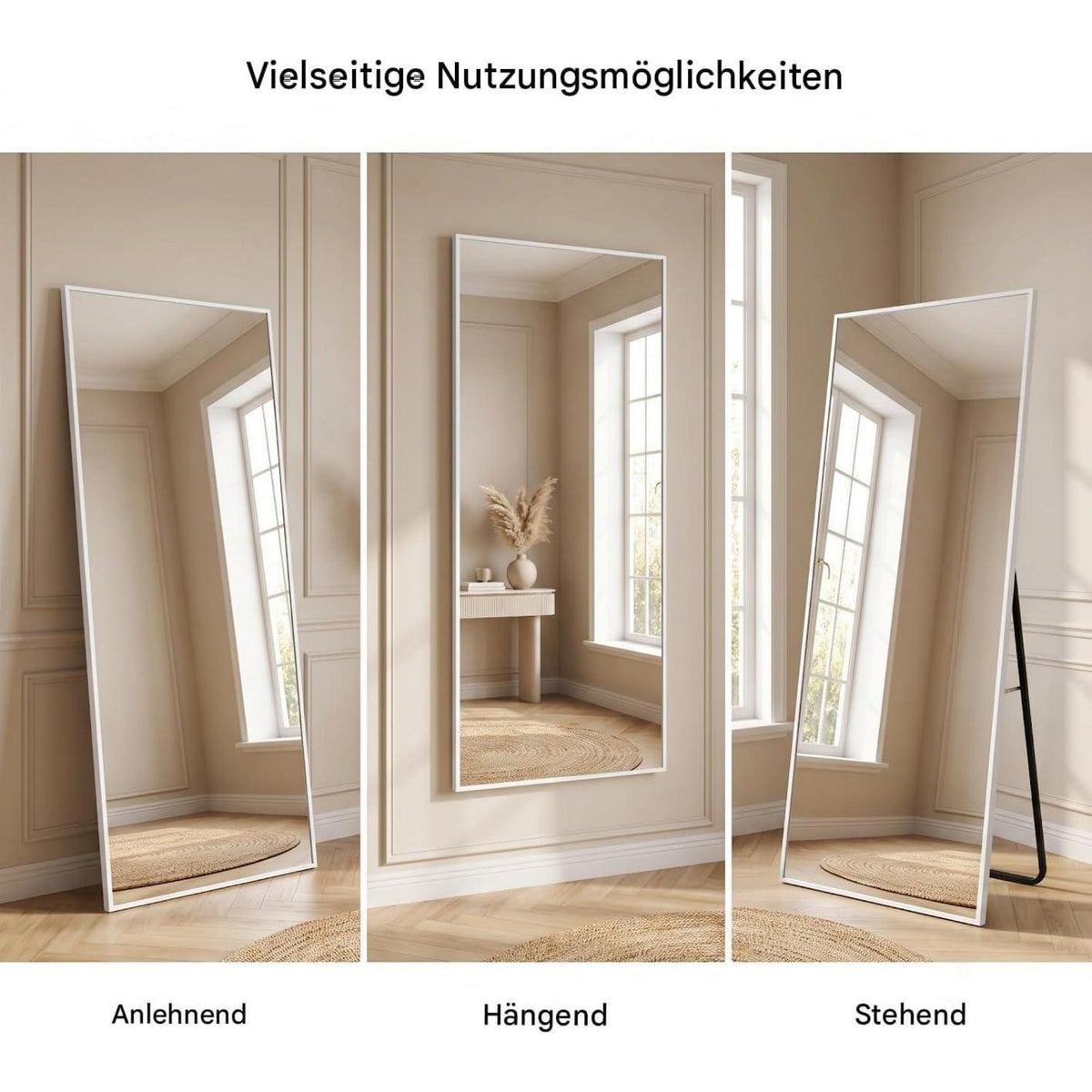 Ganzkörperspiegel mit Ständer – 170x70cm, Aluminiumrahmen, Weiß