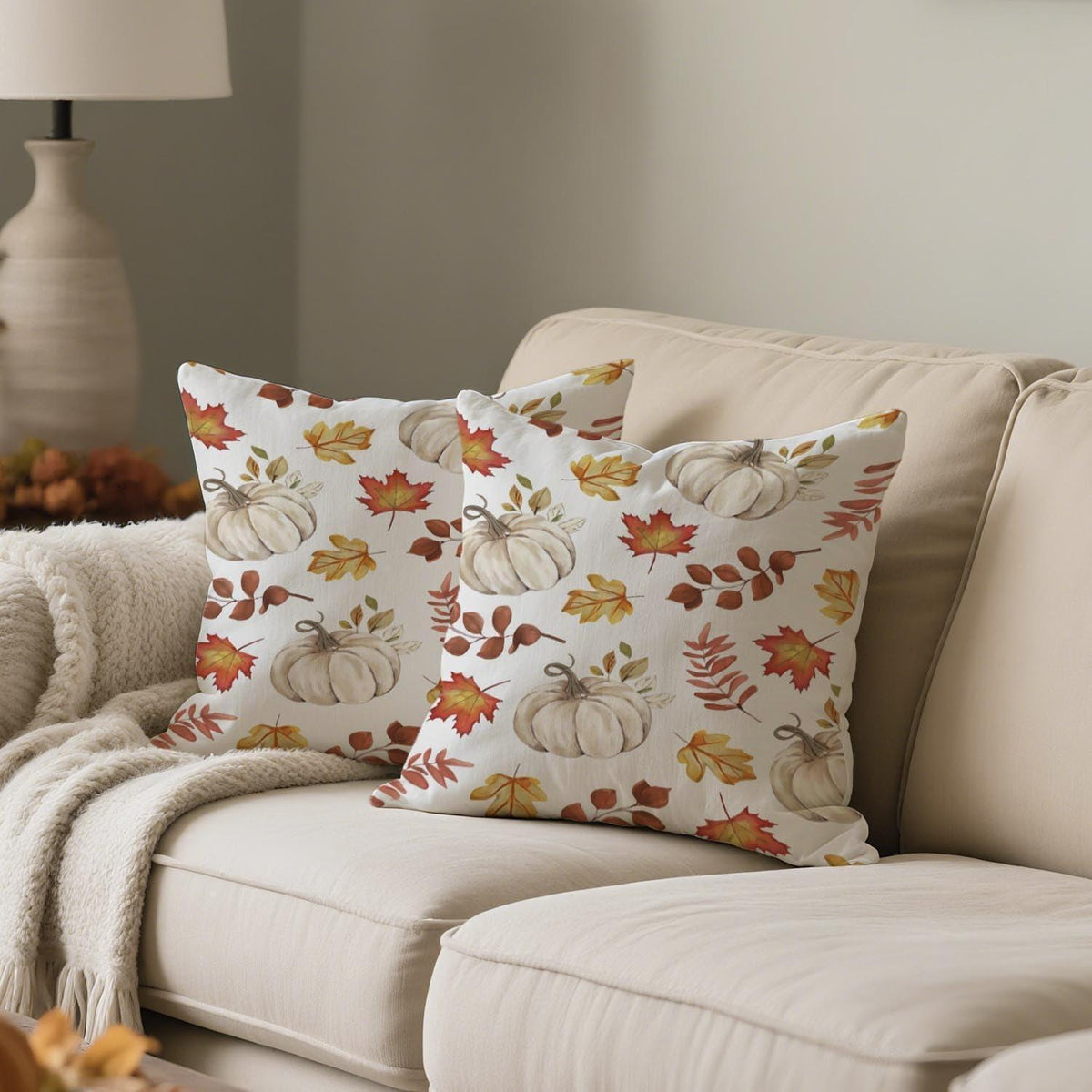 Herbst Kissenbezug 40x40 - 2er Set Kürbis & Blätter Orange
