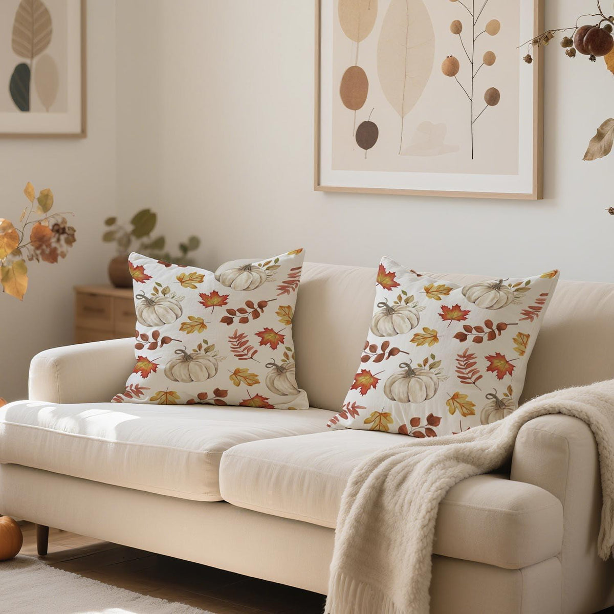 Herbst Kissenbezug 40x40 - 2er Set Kürbis & Blätter Orange