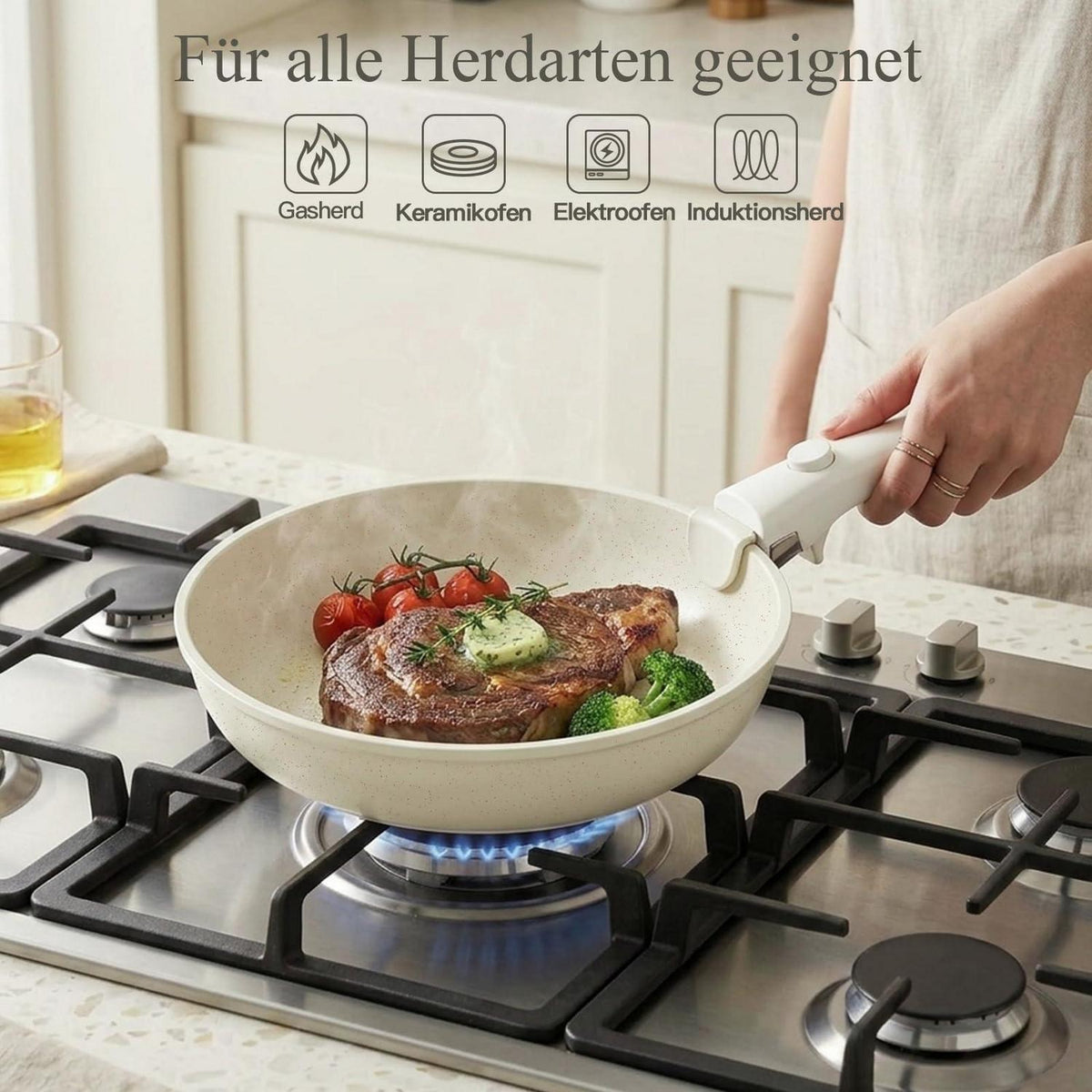 16-teiliges Pfannenset Antihaft, Abnehmbare Griffe Weiß
