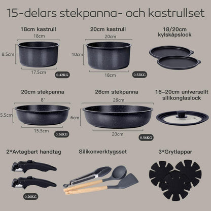 15-teiliges Pfannenset Antihaft, Abnehmbare Griffe & Platzsparend