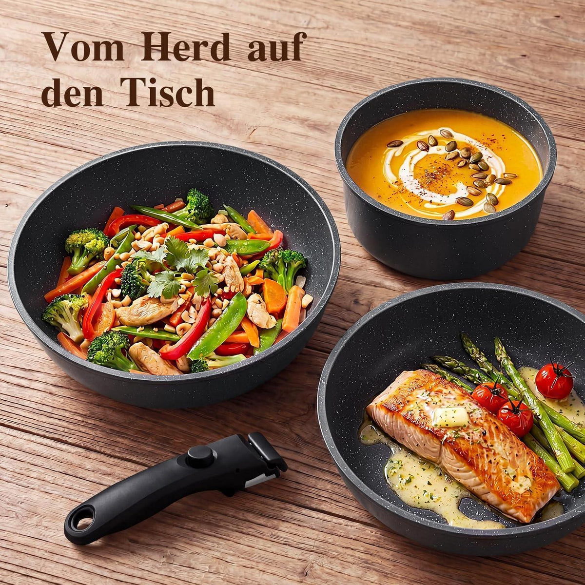 11-teiliges Pfannenset Antihaft, Abnehmbare Griffe & Platzsparend