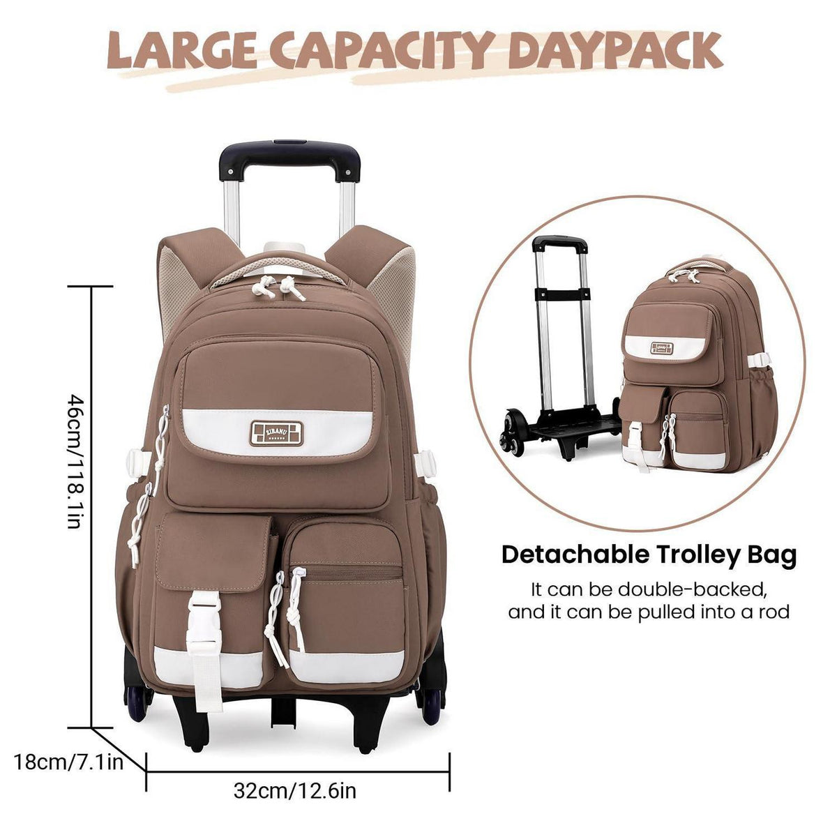 Schulrucksack mit Rollen für Mädchen – Braun, 27L