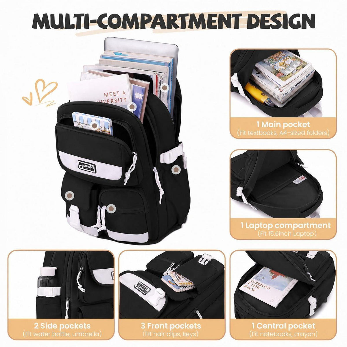 Schulrucksack mit Rollen für Mädchen – 27L, Schwarz