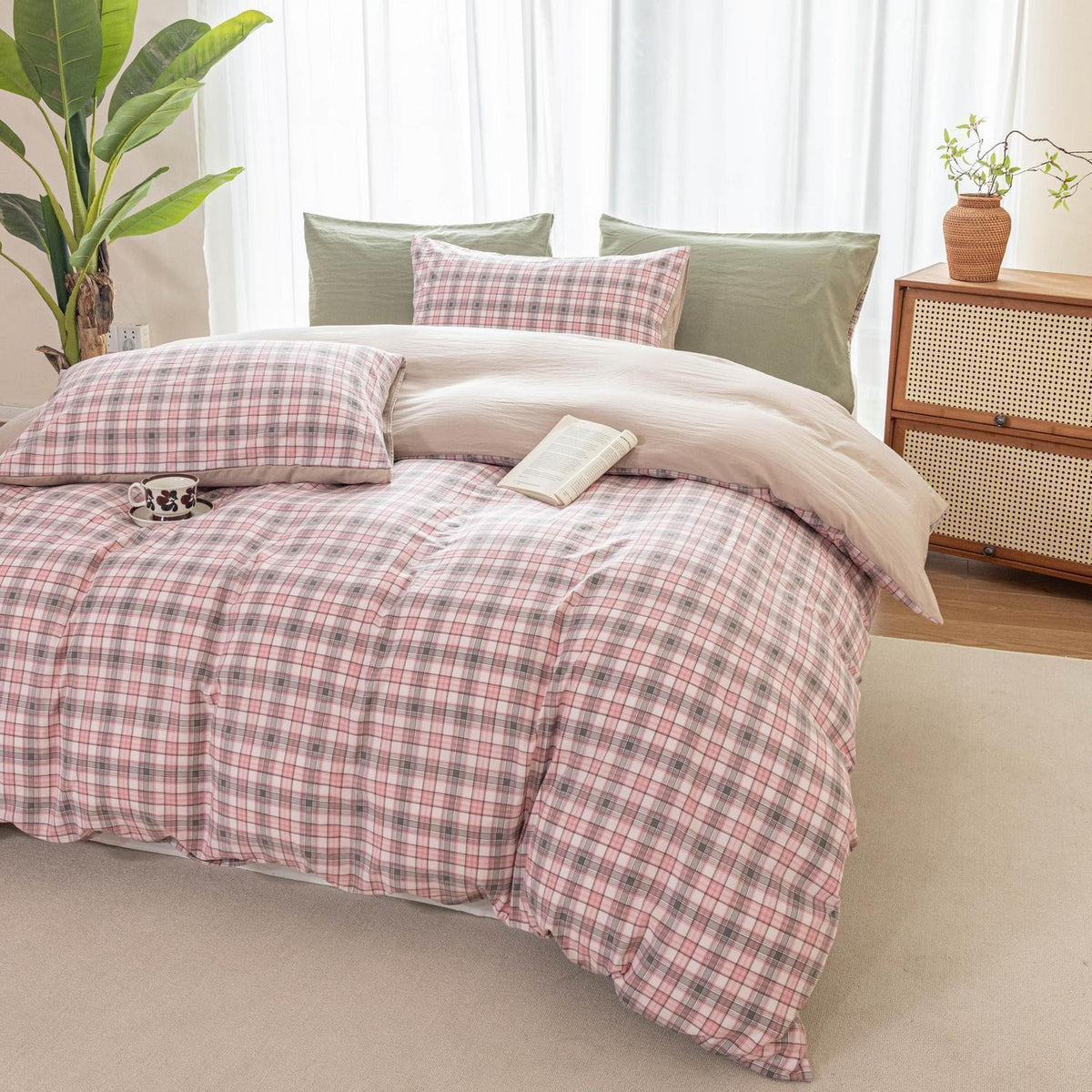 Karierte Bettwäsche-Set 135x200 Rosa | 4-teilig, Landhausstil