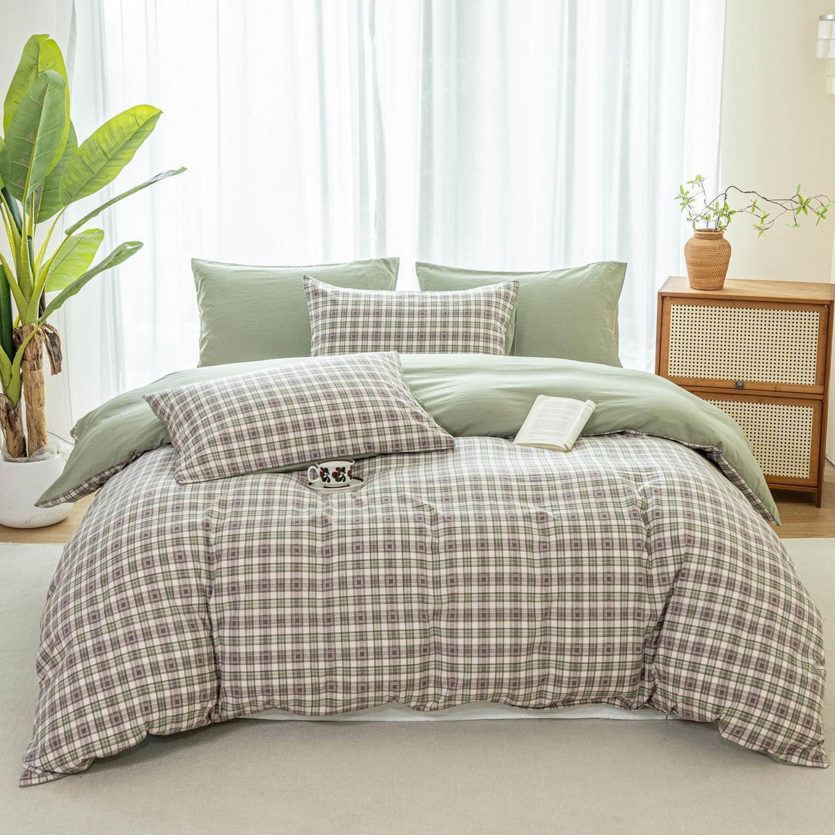 Karierte Bettwäsche 135x200, 4-teilig, Grünes Karomuster, Landhausstil