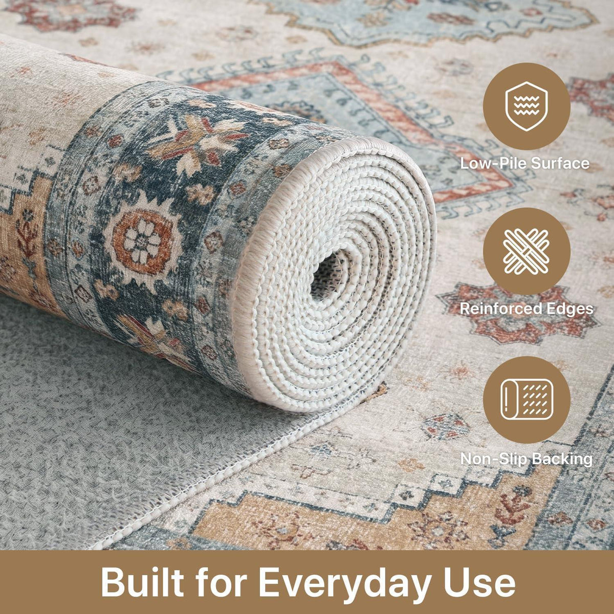 Vintage Teppich Wohnzimmer 200x290 cm – Retro Creme Kurzflor