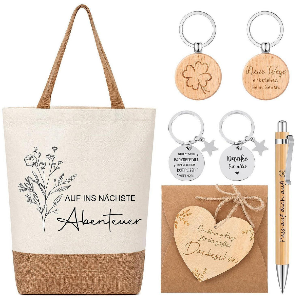 Abschiedsgeschenk Kollegin Set – 5-teilig mit Jute Tasche & Herz Notizbuch