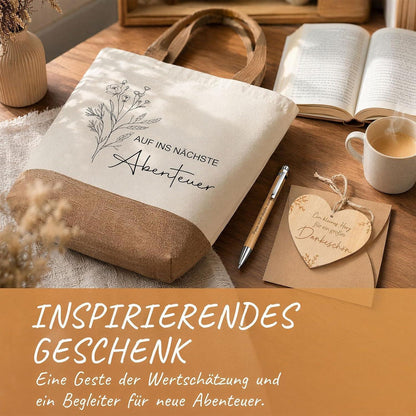 Abschiedsgeschenk Kollegin Set – 5-teilig mit Jute Tasche & Herz Notizbuch