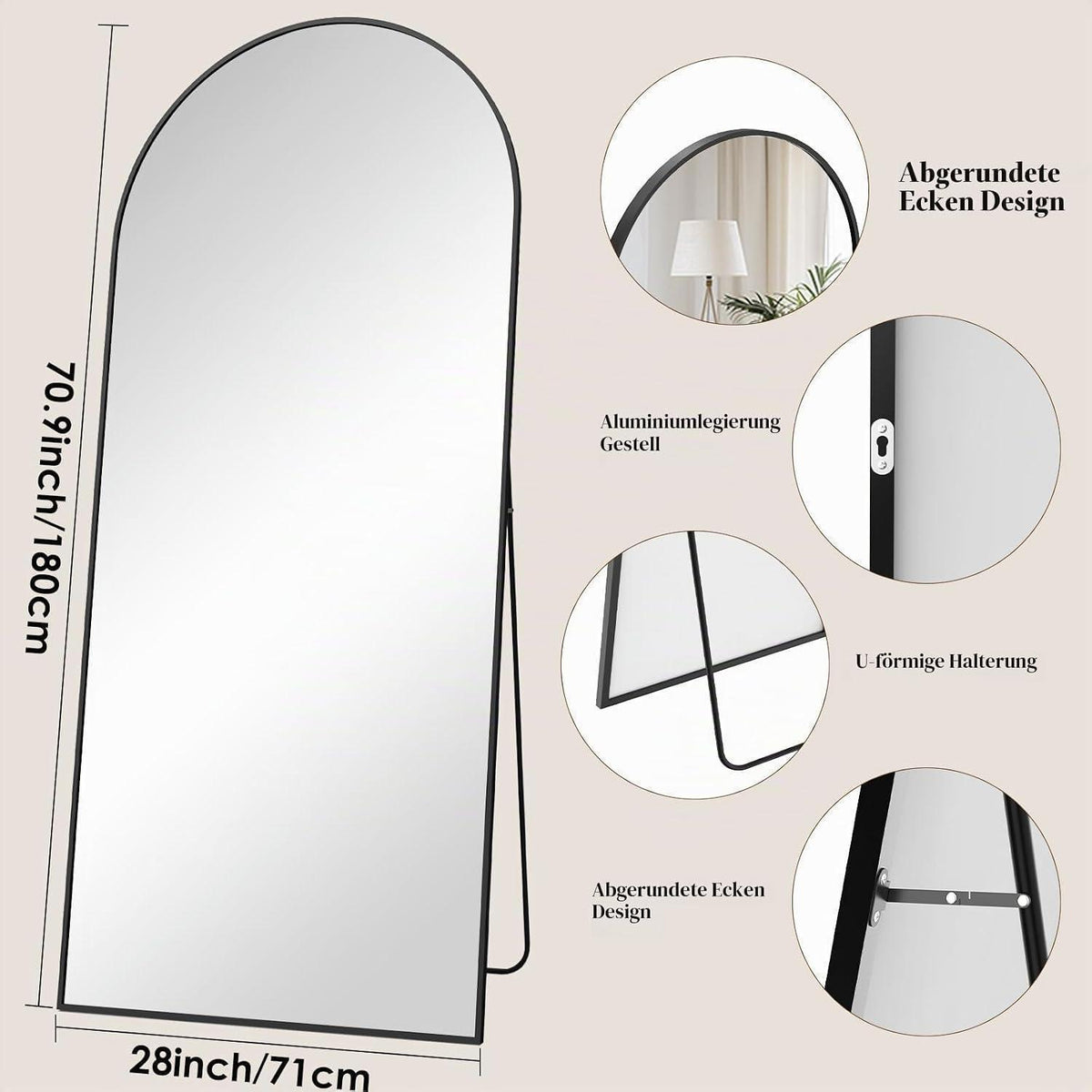 Ganzkörperspiegel 180x75cm Standspiegel Schwarz mit Aluminiumrahmen