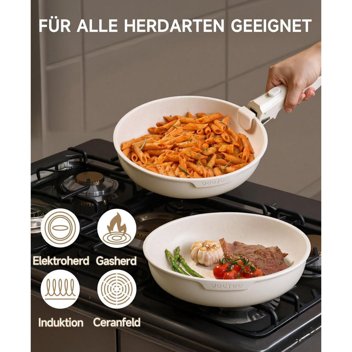 JEETEE Pfannenset Induktion 8-tlg. mit abnehmbarem Griff