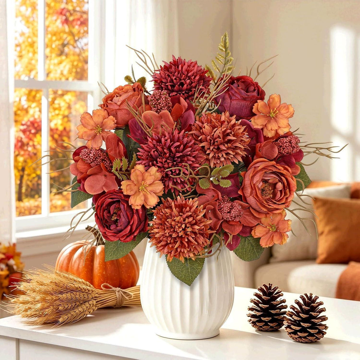 Herbststrauß Kunstblumen Burgunderrot – 4er Set für Deko