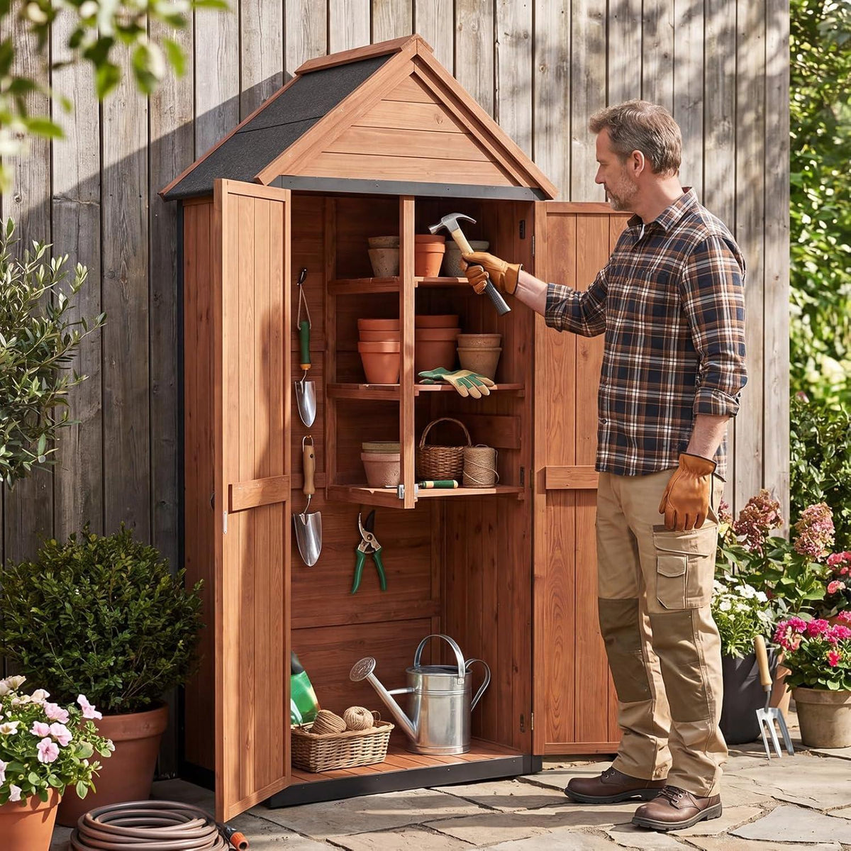Gartenhaus Holz mit 3 Böden & Asphaltdach – Wetterfester Gartenschrank