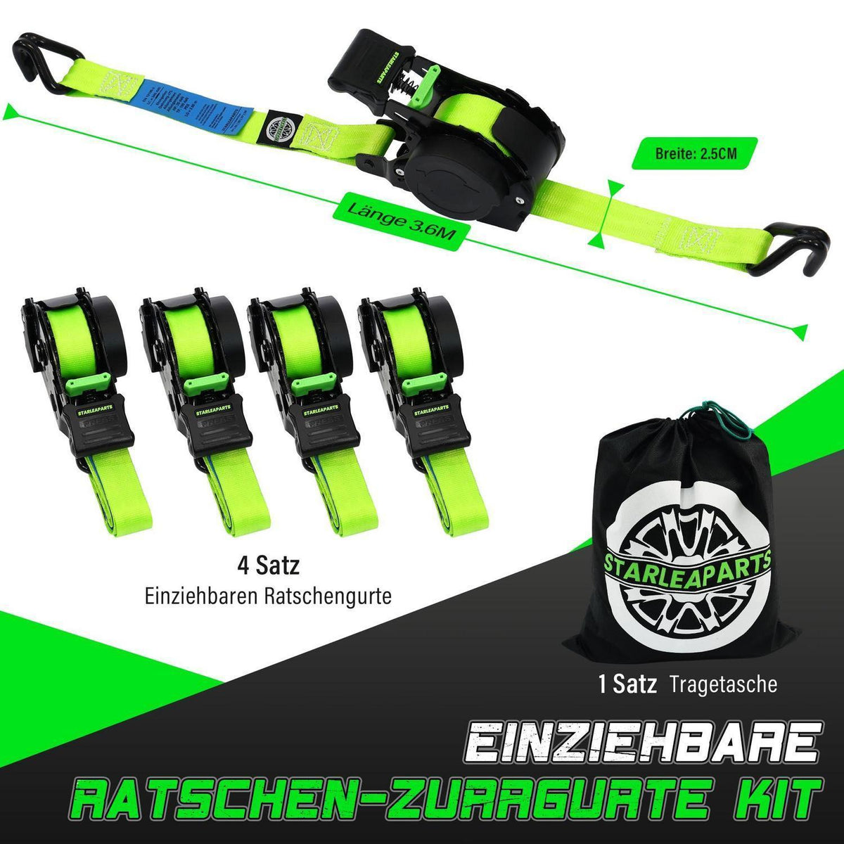 Automatischer Spanngurt 3,6m mit J-Haken (4er-Pack)