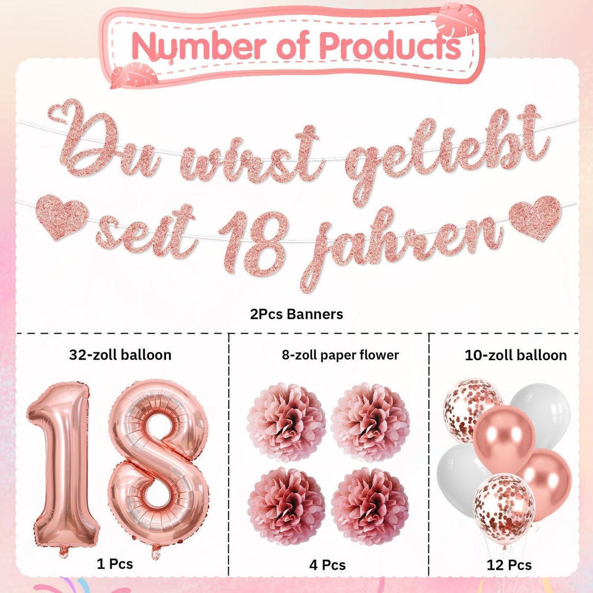18. Geburtstag Deko Set Rosegold | Girlande & Ballons für Mädchen