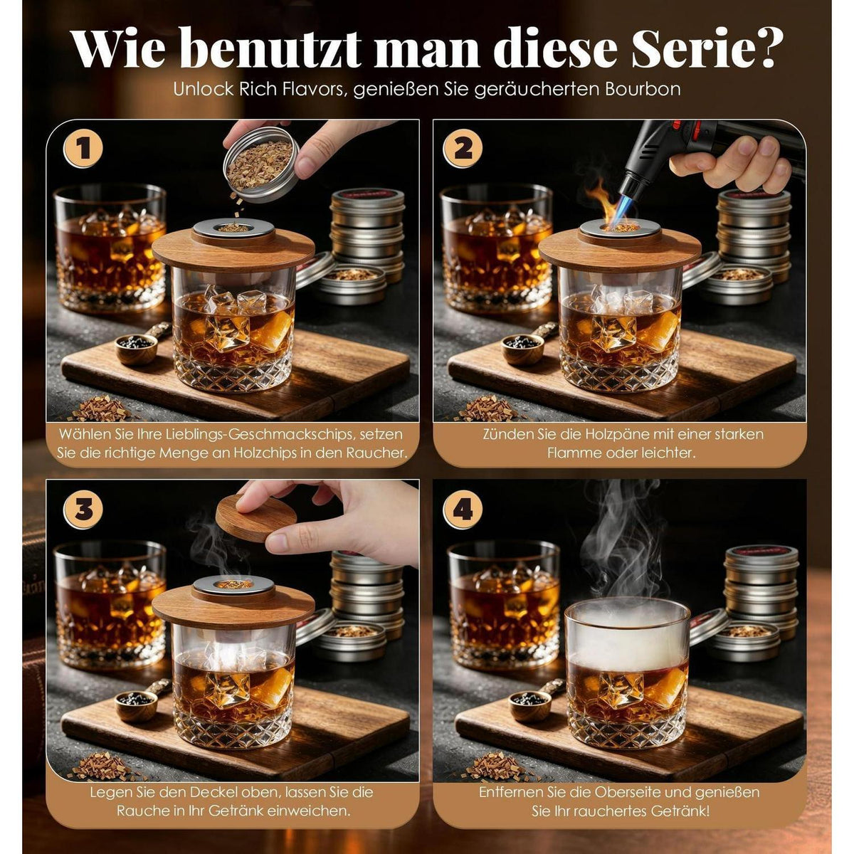 Whisky Räucher Set mit Feuerzeug & Holzspäne für Cocktails