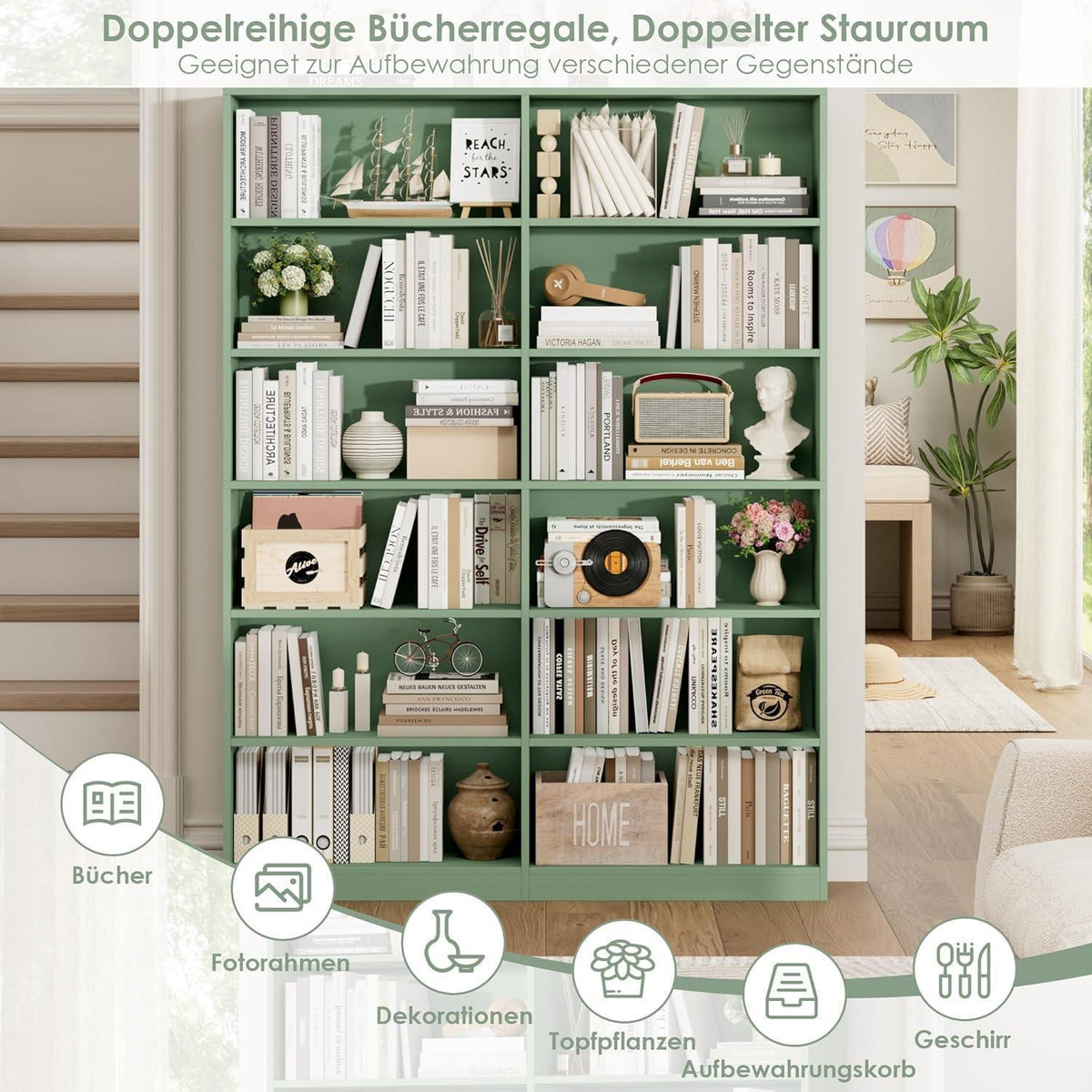 Bücherregal 12 Fächer – Grün, Standregal für Wohnzimmer & Büro