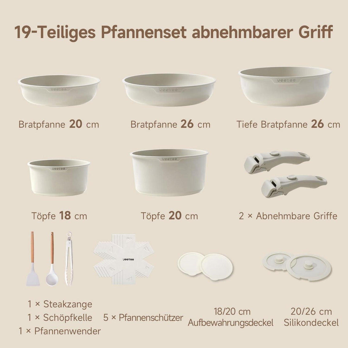 19-tlg. Antihaft-Topfset mit abnehmbaren Griffen – Taupe
