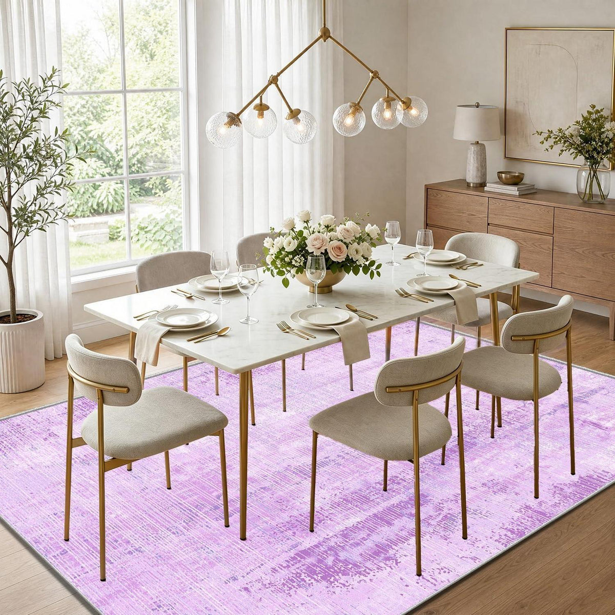 Vintage Teppich Lila 160x230cm – Weicher Kurzflor Teppich Wohnzimmer