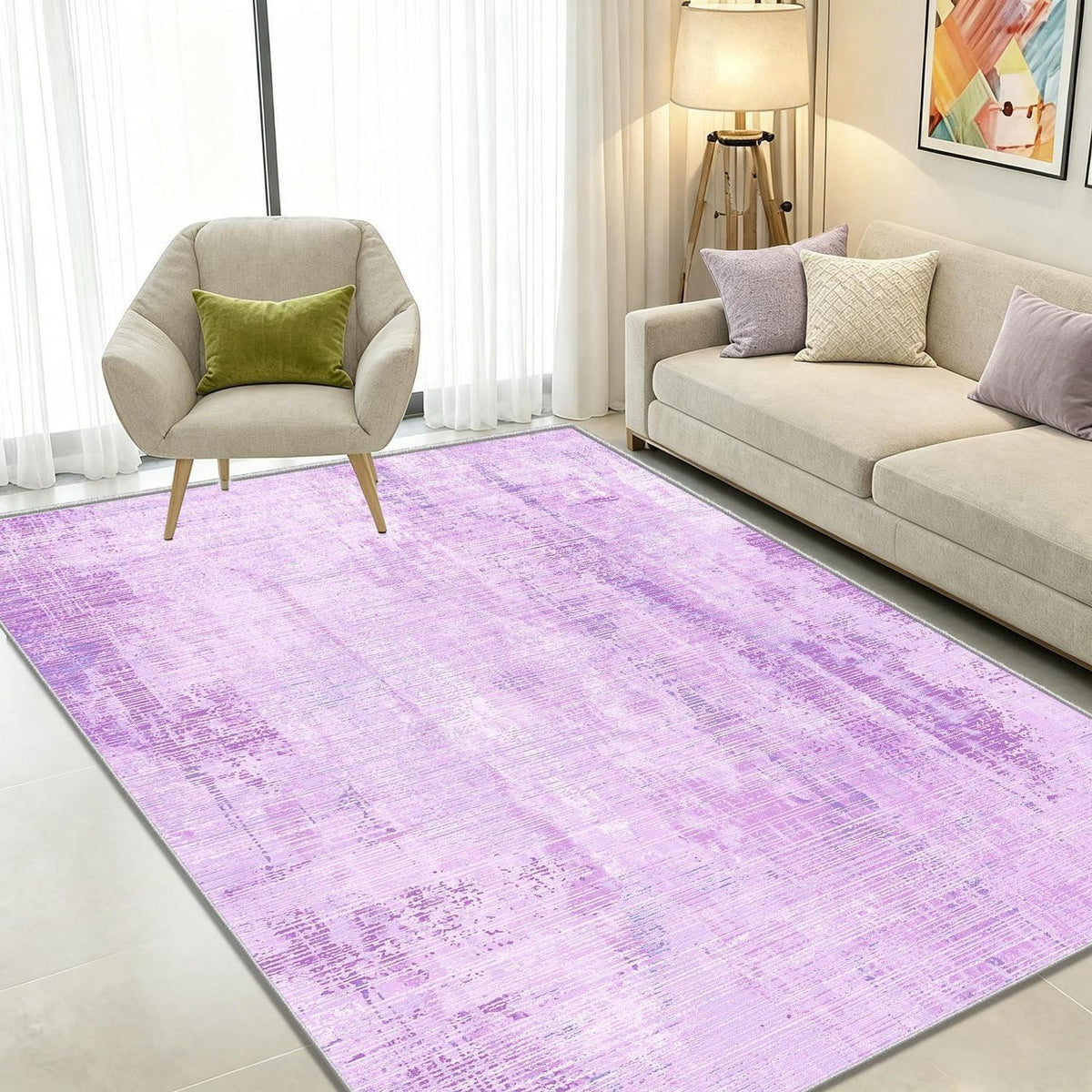 Vintage Teppich Lila 140x200cm – Weicher Kurzflor Wohnzimmerteppich