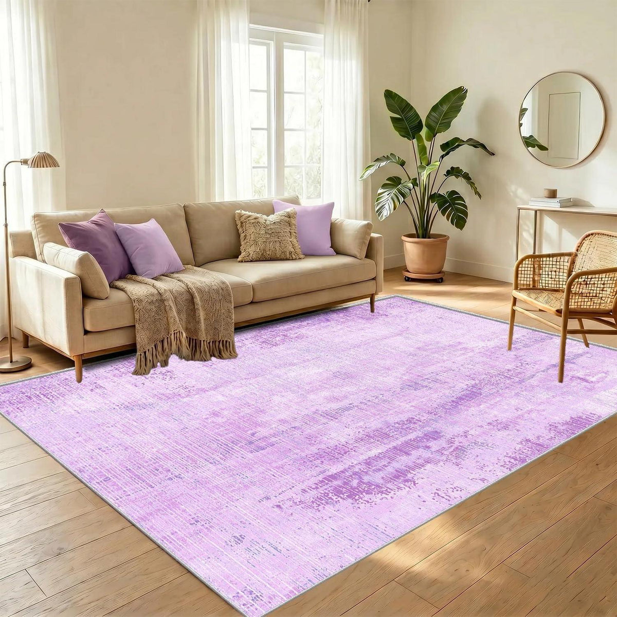 Vintage Teppich Lila 140x200cm – Weicher Kurzflor Wohnzimmerteppich