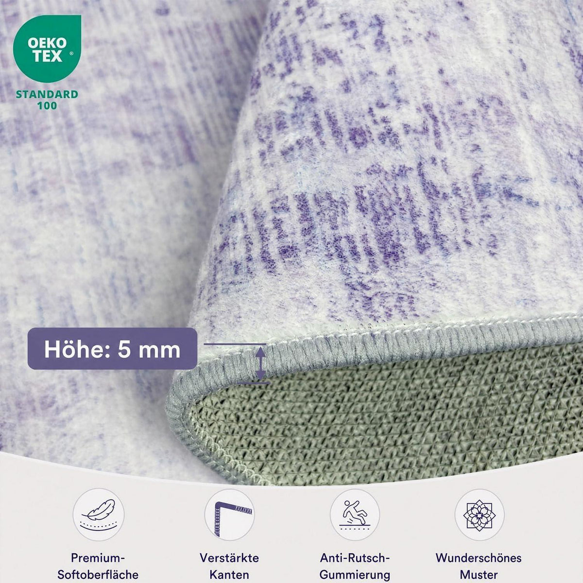 Vintage Teppich Lila 200x300cm - Weicher Kurzflor Teppich Wohnzimmer