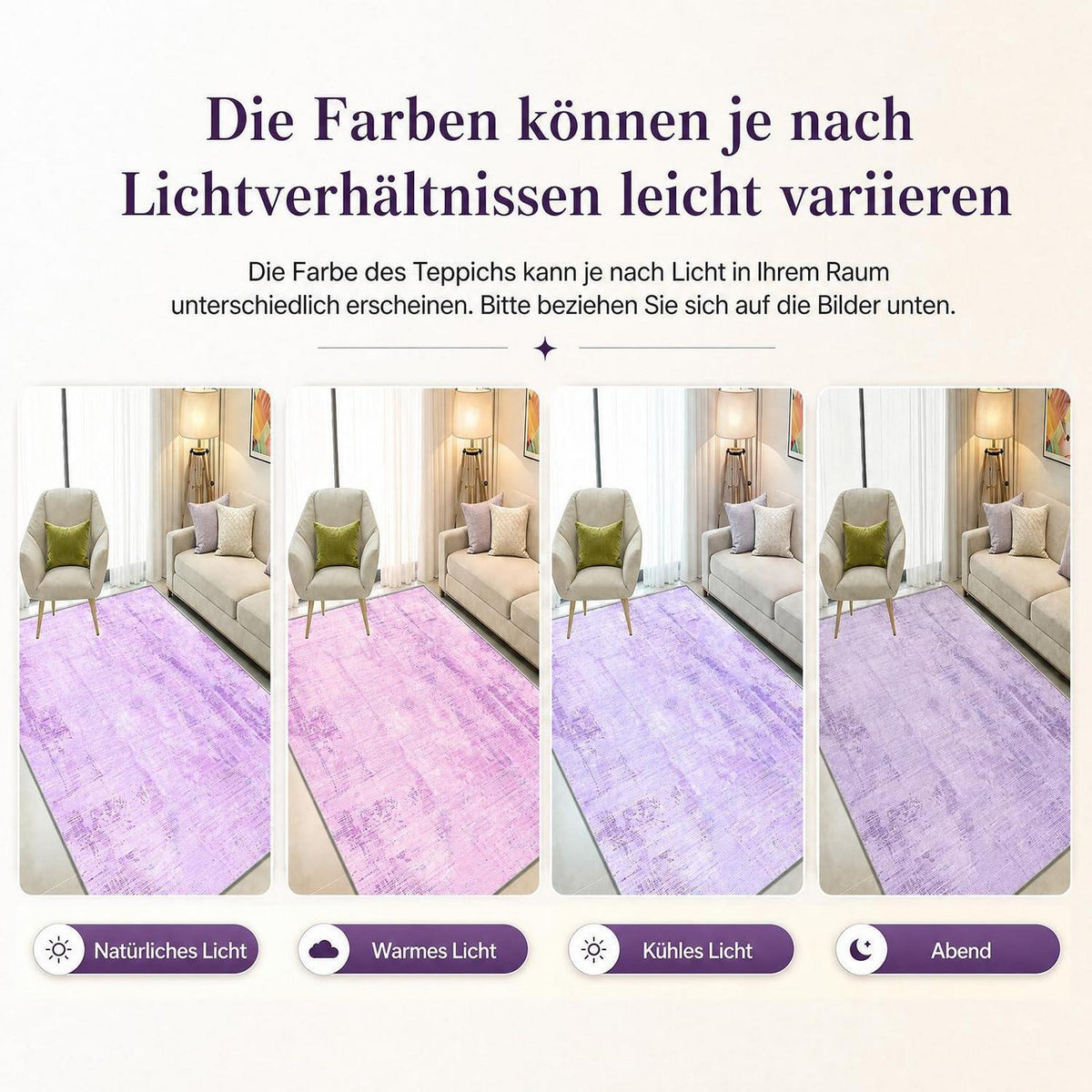 Vintage Teppich Lila 160x200cm – Weicher Kurzflor Teppich Wohnzimmer
