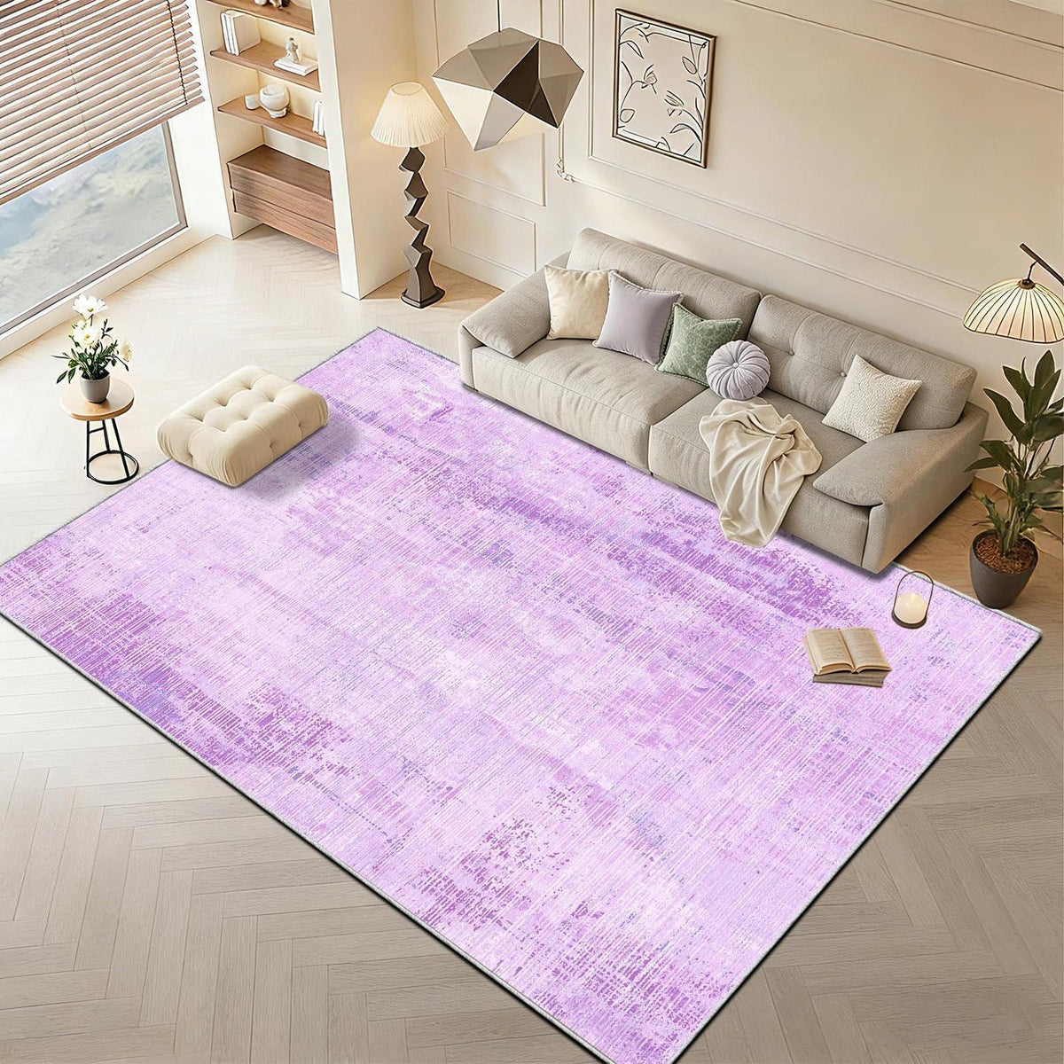 Vintage Teppich Lila 160x200cm – Weicher Kurzflor Teppich Wohnzimmer
