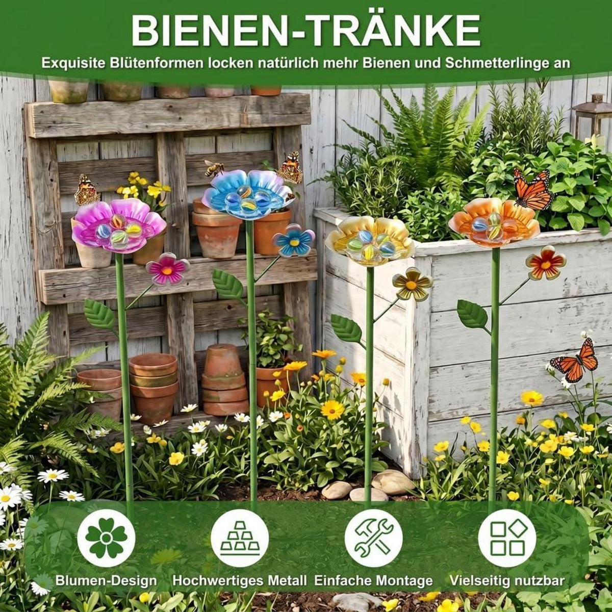 Bienentränke 4er Set mit Glasperlen – Insektentränke für Garten & Balkon